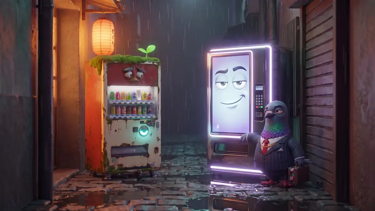 Across the rainy alley from HYAKU, a shiny new chrome vending machine with a smug screen face glows purple. Mr. Coo the pigeon stands next to it like an owner.